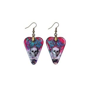 Handmade Pink Blue Skull Guitar Pick Resin Earrings Goth Halloween OOAK